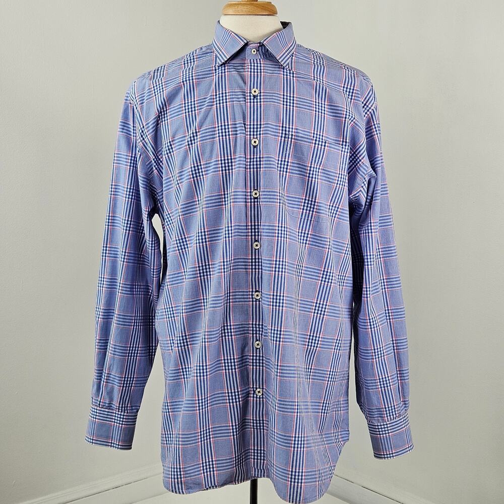 Peter Millar Blue Plaid Button-Up Long‎ Sleeve Dress Shirt | Men's XL